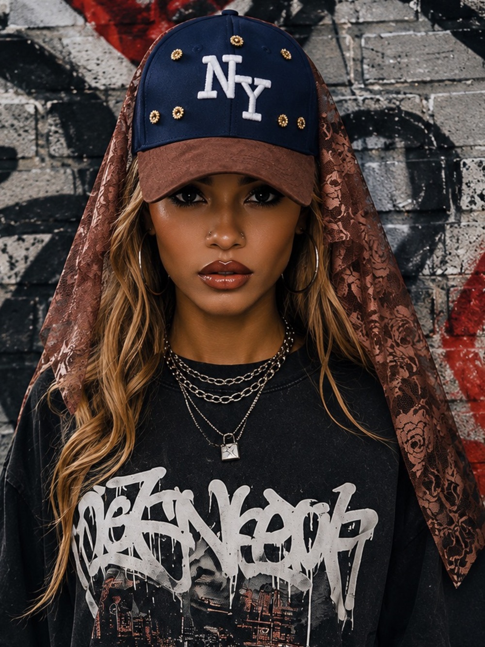NY Lace Veil Baseball Cap Navy Brown Floral Scarf Hat Y2K Streetwear
